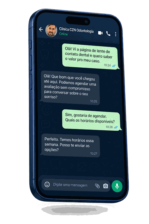 Conversa de WhatsApp com a Clínica CZN: o paciente pergunta o valor da lente de contato dental e a clínica oferece uma avaliação sem compromisso